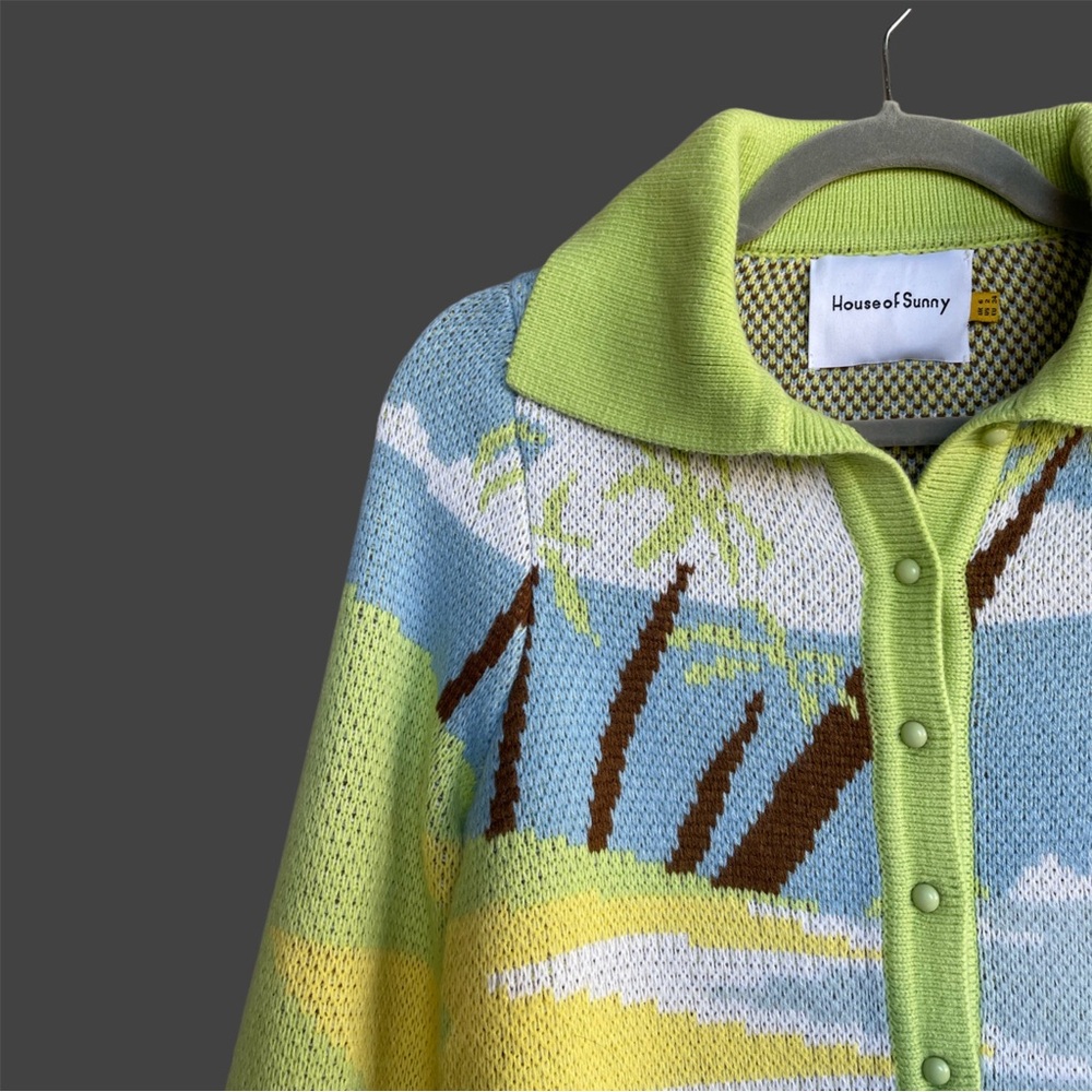 HOUSE OF SUNNY Lime Green Blue Tropical Knit Cropped Collared Cardigan Sweater - Picture 5 of 17